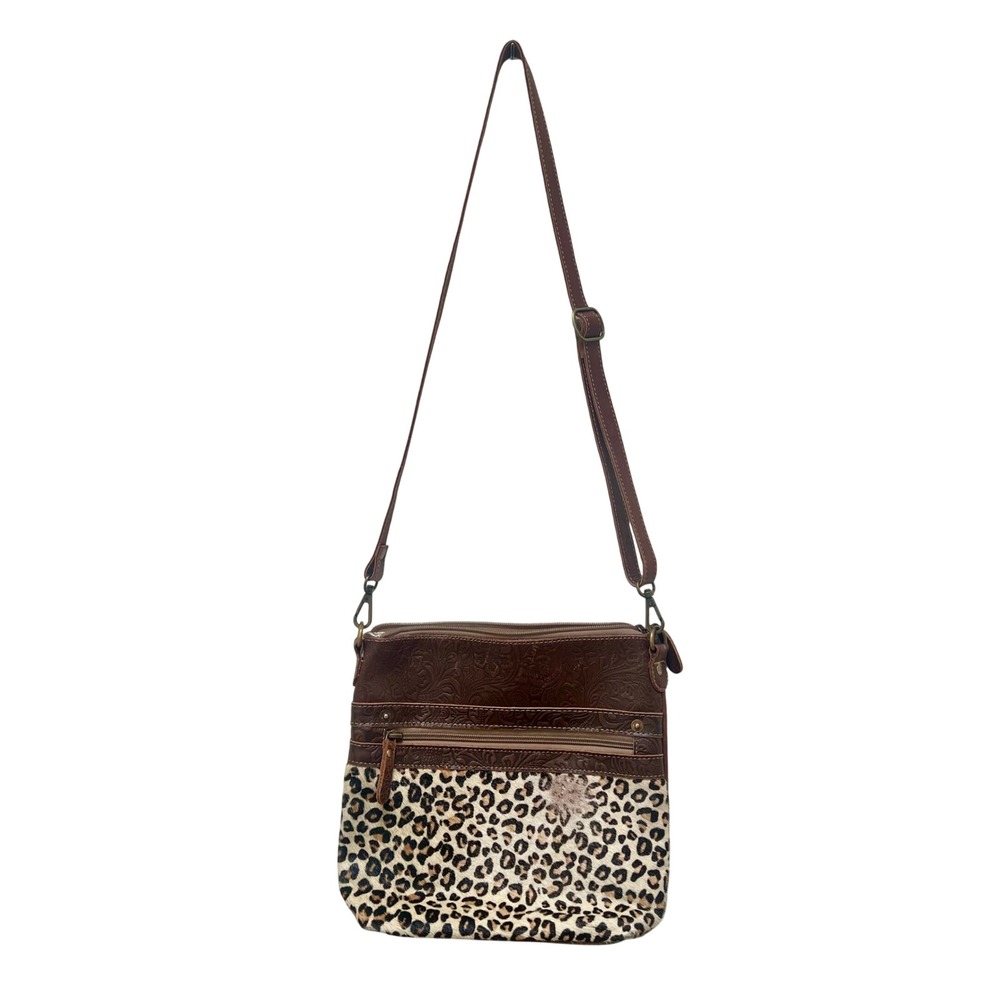 Myra Bag Leather Leopard Print Hair On Hide Embossed Floral Crossbody Brown